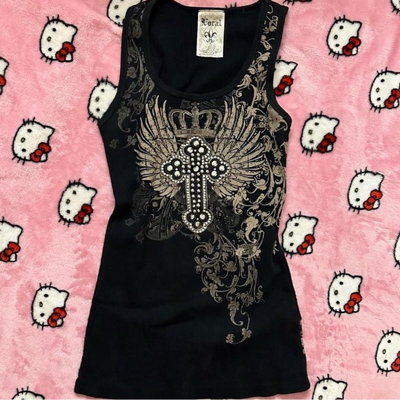 Affliction Tops - Affliction Black and Gold Winged Cross Tank Top